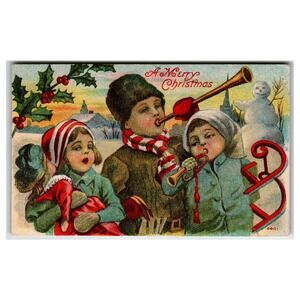 Vintage Christmas Postcard Kids Playing Horns with Snowman Scene